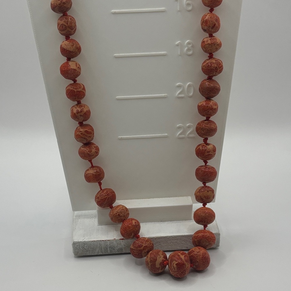 Vintage Les Bernard Signed Sponge Coral Necklace 22” 12mm Beads, Barrel A1106